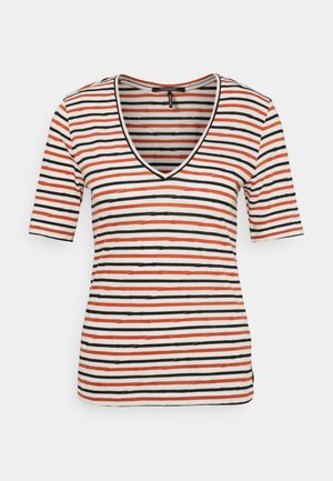 Gestreiftes Baumwoll-T-Shirt mit V-Ausschnitt, versehen mit horizontalen Streifen in Orange, Schwarz und Weiß. Kurzärmlig und figurbetont geschnitten.