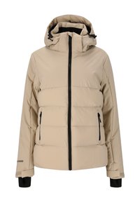 Beige pufferjacka med hög krage, dragkedja framtill och justerbar huva. Har svarta dragkedjor och sidofickor. Slät textur.