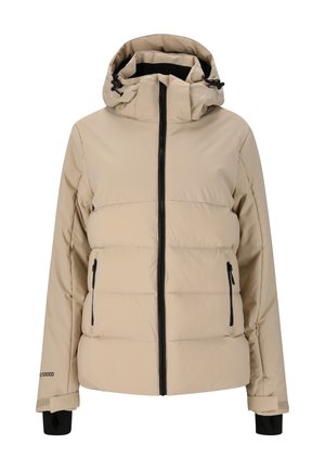 Beige pufferjacka med hög krage, dragkedja framtill och justerbar huva. Har svarta dragkedjor och sidofickor. Slät textur.