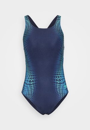 Jūras spēku zila peldkostīms ar teksturētu, dzīvīgi zilu-zaļu rakstu. Piemīt apaļš kakla izgriezums un platas siksnas atbalstam. Gluda auduma apdare.