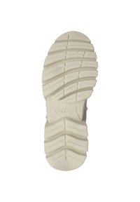 Weißer Gummischuhsohle mit ausgeprägten Profilmustern und Rillen, abgerundeter Zehenpartie und eingearbeitetem Größenmarkierung.