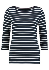 Maglietta a maniche lunghe a righe blu navy e bianche, con scollatura rotonda e un piccolo logo sul petto. Tessuto morbido e testurizzato.