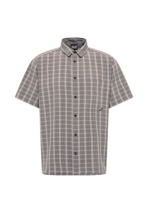 Kurzärmeliges kariertes Hemd in Grautönen mit Kragen und aufgesetzter Brusttasche, präsentiert auf weißem Hintergrund.