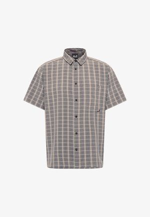 Kurzärmeliges kariertes Hemd in Grautönen mit Kragen und aufgesetzter Brusttasche, präsentiert auf weißem Hintergrund.