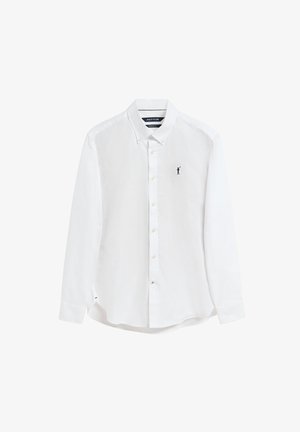 Witte langekatoen overdrek met knopen, voorzien van een klassieke kraag, een voorkant met knopen en een klein marineblauw logo op de linkerborst.