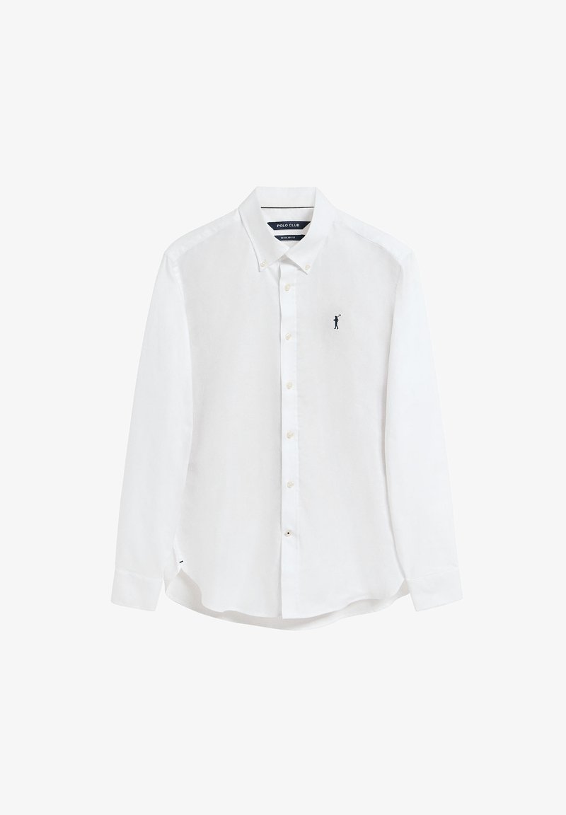 Camicia bianca a maniche lunghe con bottoni, realizzata in cotone, con colletto classico, pattina frontale e piccolo logo blu navy sul lato sinistro del petto.