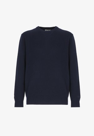 Maglione girocollo a maniche lunghe di colore blu navy con polsini e orlo a coste, mostrato su sfondo bianco.