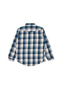 Karierte Flanellhemd mit blau-weißen Karomustern, langen Ärmeln und Kragen, abgerundetem Saum und Knopfmanschetten.