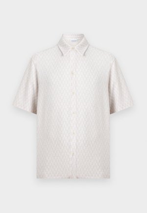 Πουκάμισο με κοντό μανίκι και κουμπιά σε ανοιχτό μπεζ χρώμα με διακριτικό υφή τύπου καρέ και μυτερό γιακά.