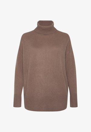 Maglione a collo alto lavorato a maglia marrone con maniche lunghe e polsini e orlo a coste, esposto su uno sfondo bianco semplice.