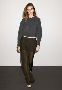 Donkergrijze cropped cardigan met ronde hals en knopen aan de voorkant, gecombineerd met een doorschijnende zwarte rok. Model staat tegen een lichtgrijze achtergrond.