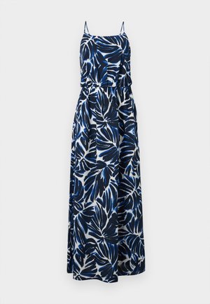 Robe maxi sans manches avec imprimé feuilles tropicales bleues et noires sur fond blanc, dotée de fines bretelles et d'une taille froncée.