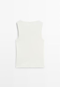 Canotta bianca senza maniche con scollo rotondo, mostrata distesa su uno sfondo bianco.