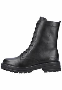 Zwarte leren enkelboot met een ronde neus, voorlacing en een robuuste zool. Kenmerkt zich door geperste details aan de zijkant en contrasterende stiksels.