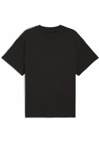 T-shirt en coton noir à manches courtes, col rond et texture lisse. Présente une coupe ample et aucun élément de design visible.
