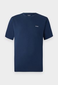 Navyblaue Baumwoll-T-Shirt mit kurzen Ärmeln, Rundhalsausschnitt und einem kleinen weißen "HOLLISTER"-Logo auf der Brust. Glatte Textur, normale Passform.
