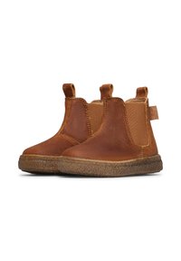 Stivali ankle in pelle marrone con pannelli elastici laterali, linguette e suole in gomma texture. Finitura liscia con un design classico. Adatti per un abbigliamento casual.