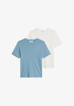 Two plain crew neck short-sleeve t-shirts, one light blue in front and one white behind, displayed flat on a white background.