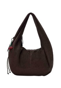 Brązowa zamszowa torba hobo o luźnym fasonie, wyposażona w zamknięcie na zamek błyskawiczny oraz ozdobne frędzle z czerwonymi akcentami. Gładka faktura z detalami przeszyć.