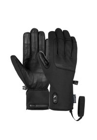 Gants isolants noirs avec paumes en cuir, poignets élastiques et un bouton de contrôle pour les fonctionnalités chauffantes. Surface lisse avec des accents minimaux.