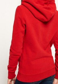 Rode capuchontrui met een zachte textuur, lange mouwen en geribde zoom. Voorzien van een ruime capuchon, getoond vanaf de achterkant.