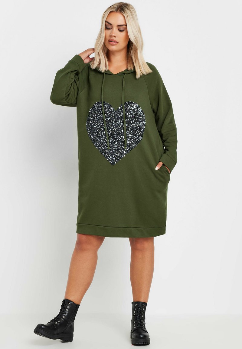 Yours Clothing SEQUIN EMBELLISHED HEART HOODIE - Vapaa-ajan mekko - khaki