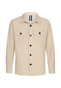 Camicia beige con bottoni, caratterizzata da un motivo testurizzato, due tasche sul petto e bottoni neri. Presenta un colletto a punta e maniche lunghe.