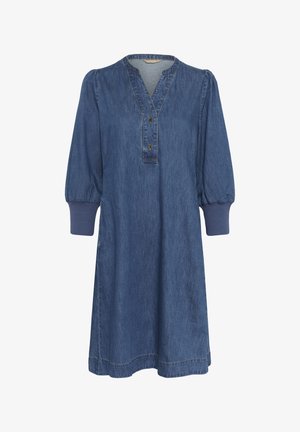 Denimkleid mit V-Ausschnitt, Knopfleiste und Puffärmeln. Verfügt über umgeschlagene Ärmel und eine lockere A-Linie in einem mittleren Blauton.