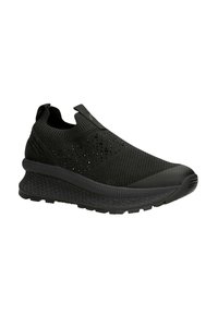 Black slip-on sneaker with a knitted upper featuring ventilation holes, a textured sole, and a cushioned, lightweight design.