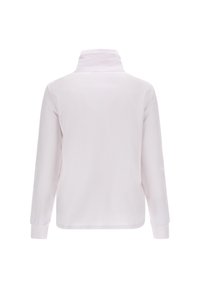 Top de manga larga en rosa claro con cuello alto y puños acanalados. Textura suave, diseño minimalista, sin patrones ni acentos visibles.