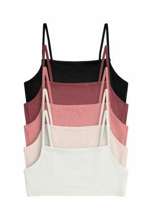 Five women's cropped camisole tops with thin straps in black, dark rose, dusty pink, light pink, and white, layered on a white background.