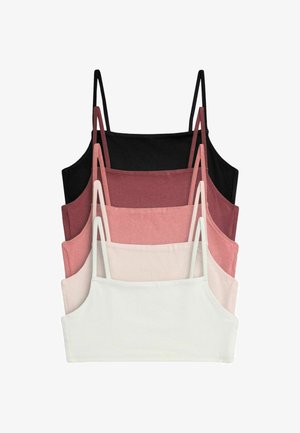 Fem korte dame camisetopper med tynde stropper i sort, mørkerosa, støvet pink, lyserød og hvid, lagdelt på en hvid baggrund.