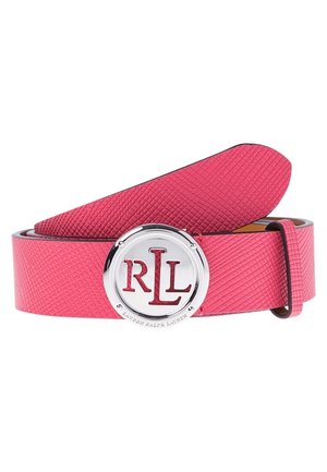 Ceinture en cuir rose texturé avec boucle ronde en argent comportant les initiales rouges RLL et le texte Lauren Ralph Lauren en bas.