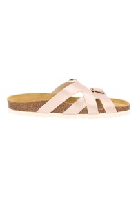 Helle rosa Leder-Sandale mit überkreuzten Riemen, Korkfußbett und weißer Gummisohle. Mit einem dekorativen Schnallendetail.