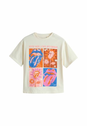 Krém színű póló, amely négy színes pop art stílusú négyzetet ábrázol Rolling Stones nyelv logókkal és virágokkal, a tetején a „The Rolling Stones” felirattal.