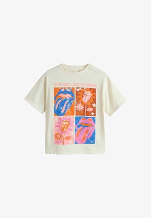 Kreminės spalvos marškinėliai su keturiais spalvingais pop meno stiliaus kvadratais, kuriuose Rolling Stones liežuvio logotipai ir gėlės, viršuje tekstas „The Rolling Stones“.