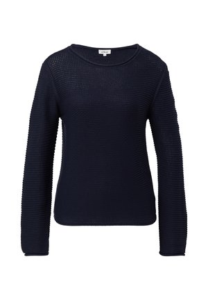 Navy blue long-sleeve knitted sweater with round neckline and textured stitch pattern, size medium from brand s.Oliver.