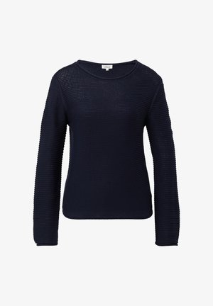 Marineblauer Pullover mit langen Ärmeln aus Strick, runder Halsauschnitt und strukturiertem Muster, Größe M von der Marke s.Oliver.
