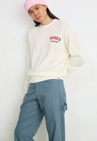 Cream sweater with red "DICKIES" embroidery, paired with blue cargo pants featuring side pockets and a small logo tag. Pink beanie worn.