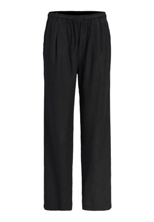 Svarte bukser med løs passform, elastisk midjebånd og snor, rett ben-design, egnet for uformell bruk.