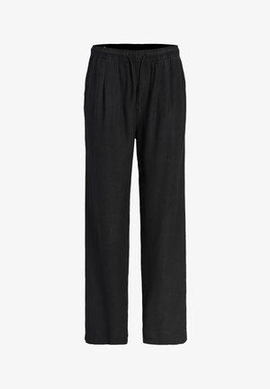 Černé volné kalhoty s elastickým pasem a šňůrkou, rovný střih nohavic, vhodné pro neformální nošení.