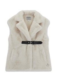 Roomkleurige nepbontvest met een ingezette kraag, een zwarte ceintuurdetail in de taille en twee steekzakken aan de voorkant. Voorzien van een logo-accent aan de zoom.