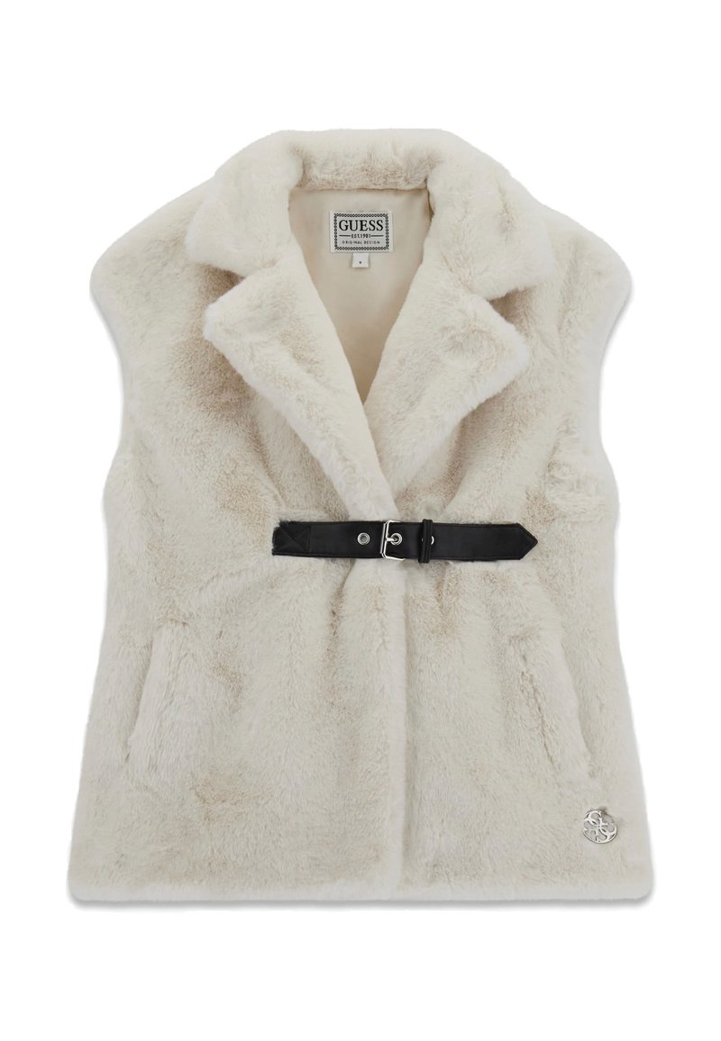 Roomkleurige nepbontvest met een ingezette kraag, een zwarte ceintuurdetail in de taille en twee steekzakken aan de voorkant. Voorzien van een logo-accent aan de zoom.