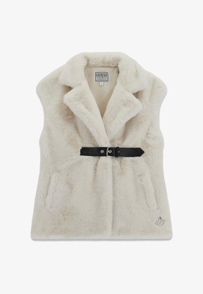 Roomkleurige nepbontvest met een ingezette kraag, een zwarte ceintuurdetail in de taille en twee steekzakken aan de voorkant. Voorzien van een logo-accent aan de zoom.