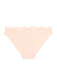 Lace slipjes in zachtroze met gekartelde randen en golvenpatronen. Synthetische mix biedt een gladde textuur en een nauwsluitende pasvorm.