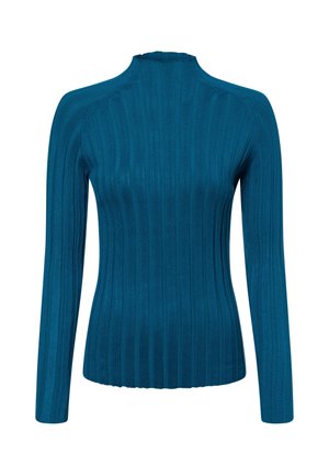 Teal ribbed long-sleeve turtleneck top with a fitted silhouette, smooth texture, subtle ruffle at the neck, and vertical lines pattern.