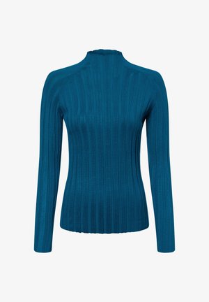 Teal gerippter Langarm-Turtleneck mit schlanker Silhouette, glatter Textur, subtiler Raffung am Kragen und vertikalem Streifenmuster.