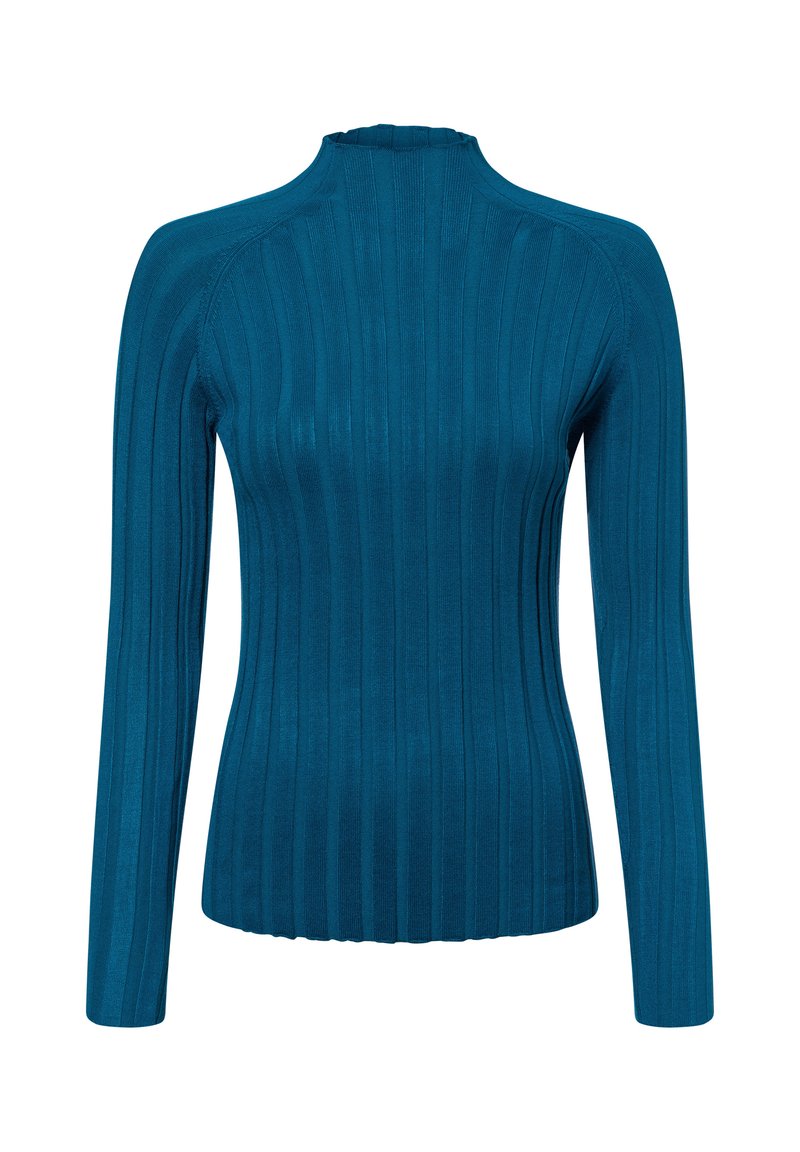 Teal gerippter Langarm-Turtleneck mit schlanker Silhouette, glatter Textur, subtiler Raffung am Kragen und vertikalem Streifenmuster.
