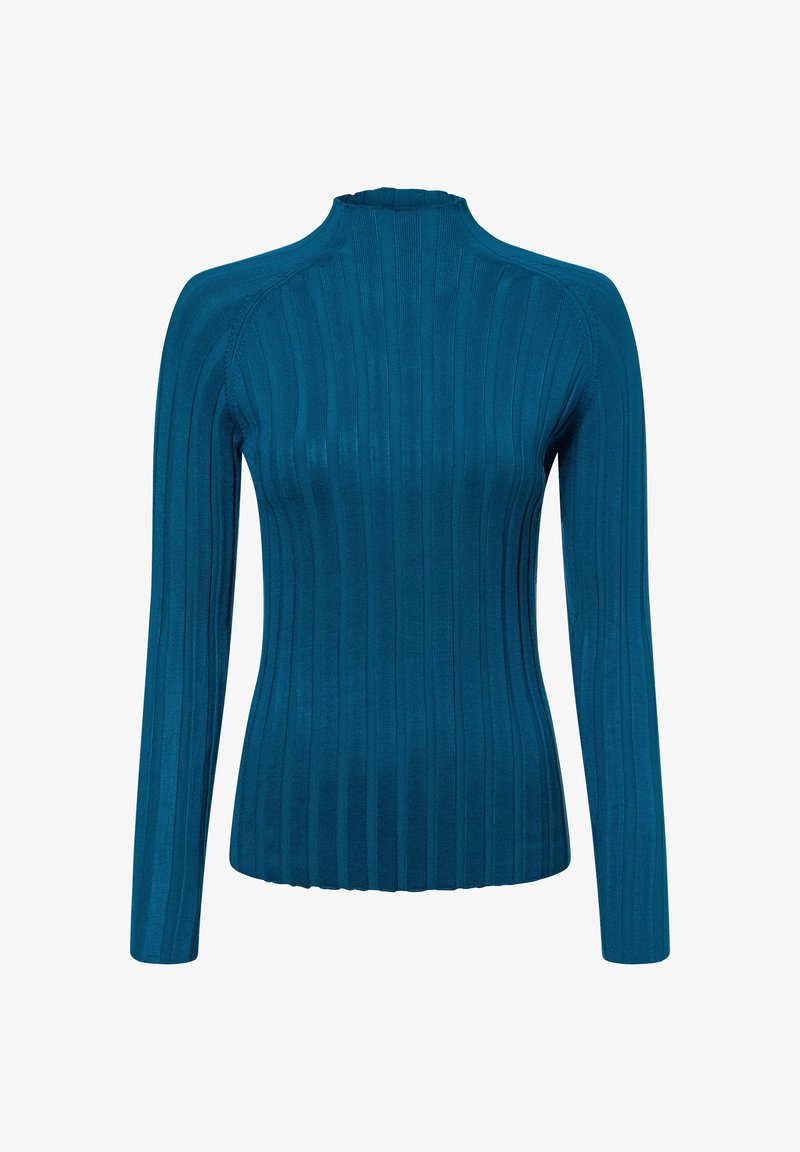 Teal gerippter Langarm-Turtleneck mit schlanker Silhouette, glatter Textur, subtiler Raffung am Kragen und vertikalem Streifenmuster.