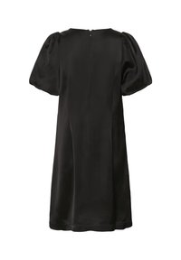 Rochie din satin negru cu mâneci puff scurte, decolteu rotund și fermoar la spate. Textură netedă, lungime până la genunchi, cu un design simplu.